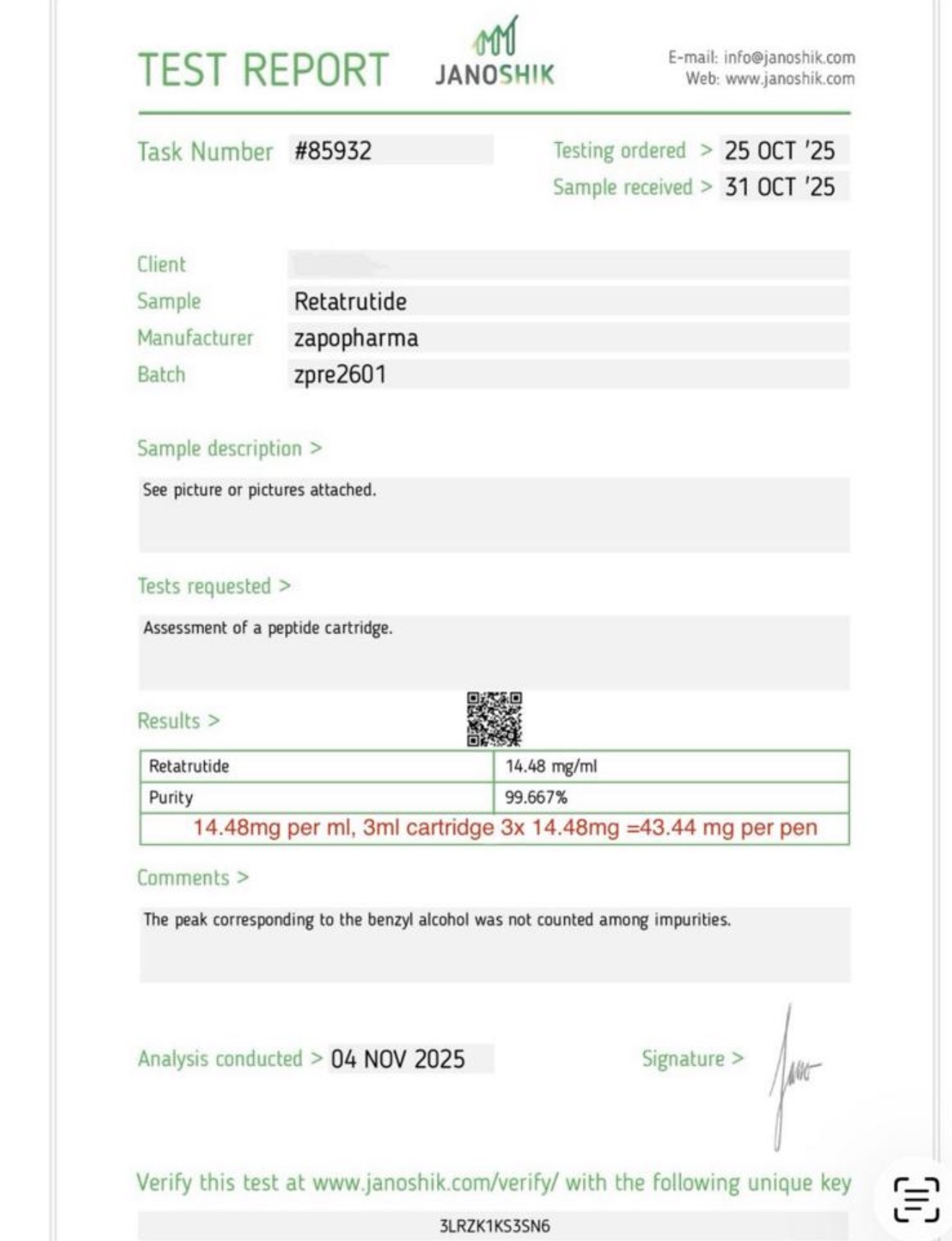 Zapopharma Retatrutide lab report