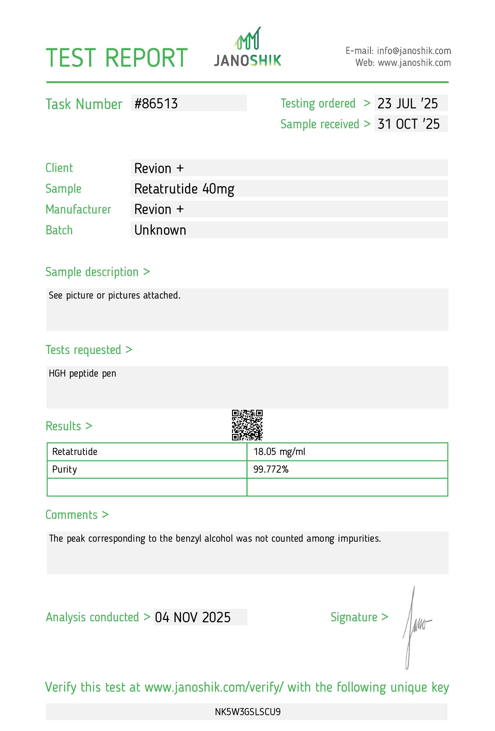 Revion+ Retatrutide 40mg lab report